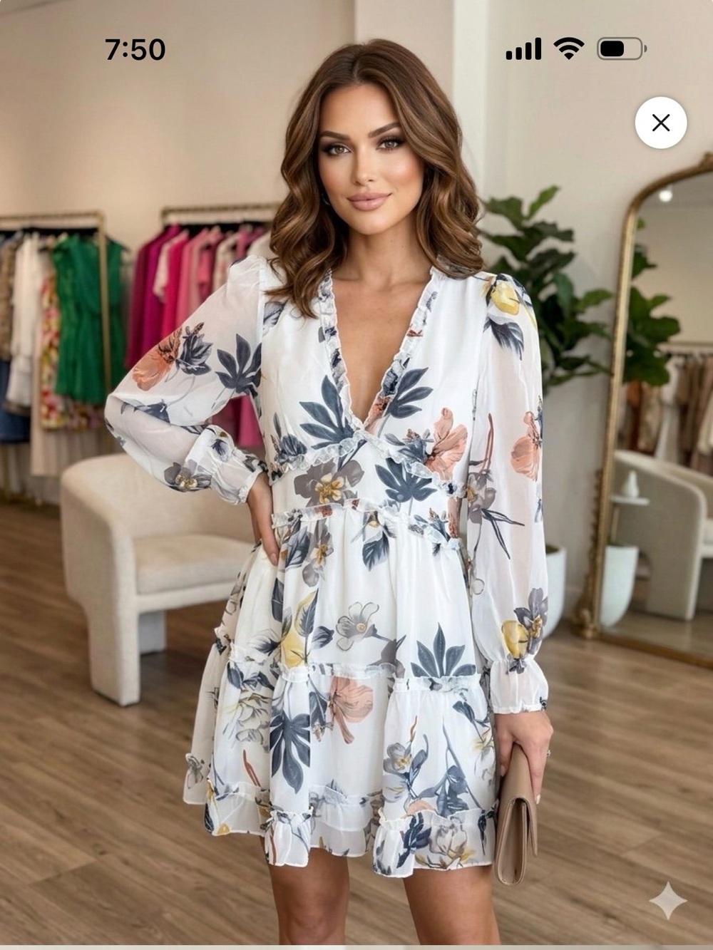 Floral Ruffle V-Neck Long Sleeve Mini Dress - White Floral